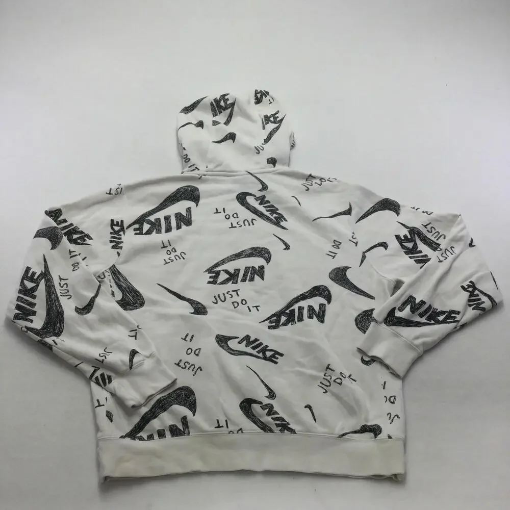 Nike Hoodie Mens Medium White Just Do It Allover Graphic Pullover Sweatshirt